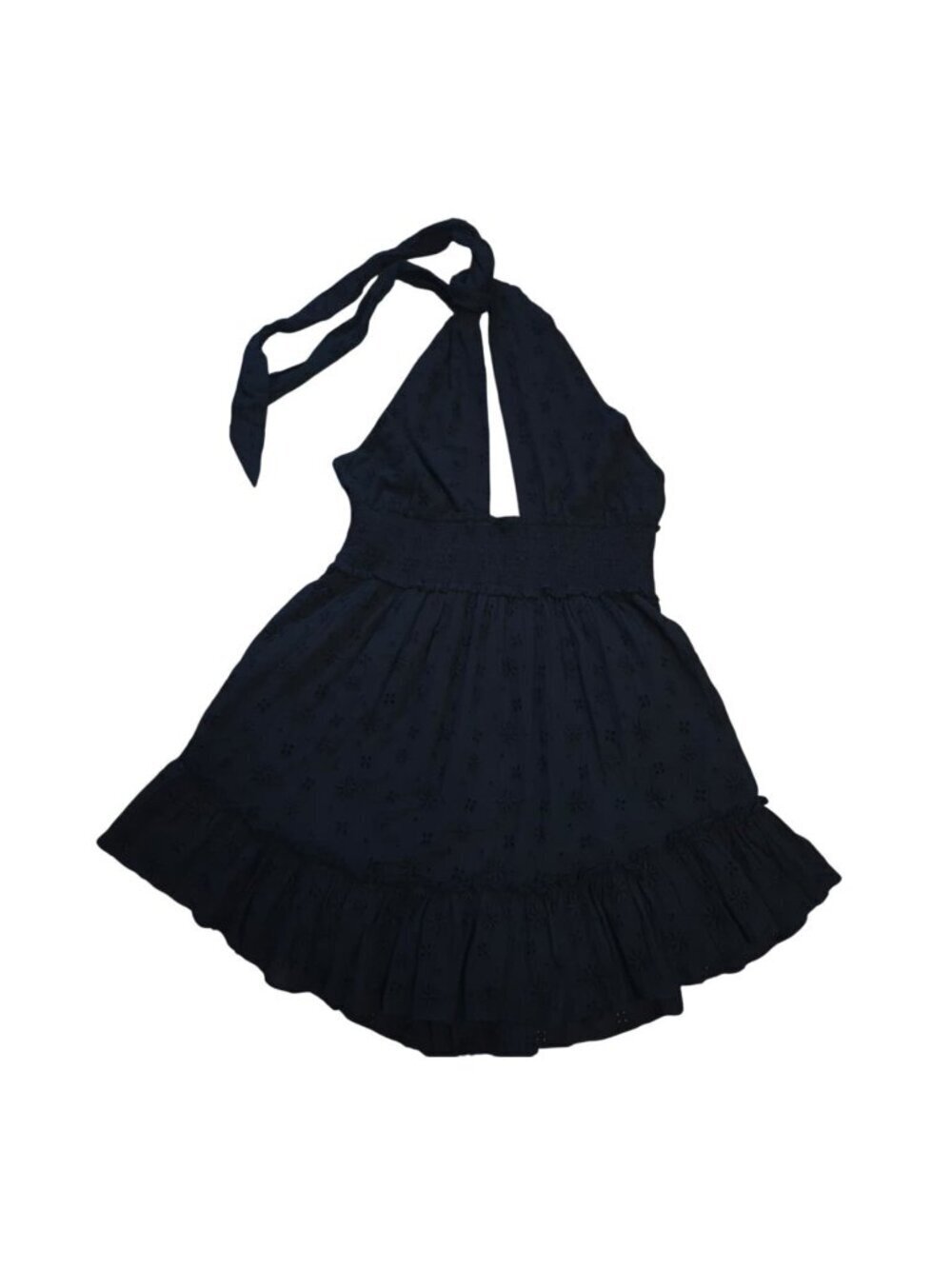 Aerie Black Halter Mini Dress Smocked Waist Open Back Eyelet Size L.